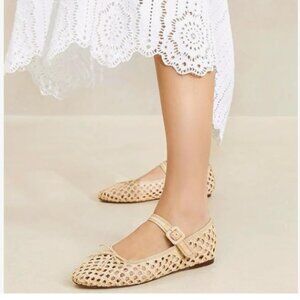 Miss Left Beige Cutout Bowknots Ankle Strap Mary Jane Round Toe Ballet Flats